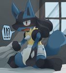  ? ?! ambiguous_gender bed blush canine diaper jackal lucario mammal nintendo peeing pixiv pok&#233;mon pok&eacute;mon red_eyes satsuki_yusagi urine video_games watersports wet 