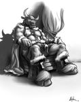 armor bovine bulge clothed clothing erection fur greyscale horn looking_at_viewer male mammal medieval monochrome partially penis plain_background solo white_background 