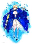  ahoge artoria_pendragon_(all) avalon_(fate/stay_night) blonde_hair breasts cleavage cleavage_cutout dress excalibur fate/stay_night fate_(series) flower green_eyes lying medium_breasts saber sheath solo sword weapon xingna 
