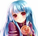  blue_hair blush candy food gloves kula_diamond lollipop long_hair looking_at_viewer puracotte red_eyes smile solo the_king_of_fighters 