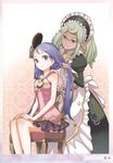  artist_request blue_eyes blue_hair brown_eyes dark_elf dark_skin electra_(rune_factory_oceans) elf green_hair hair_brushing hairdressing highres maerwen_(rune_factory) maid mepurin multiple_girls pointy_ears rune_factory rune_factory_oceans source_request 