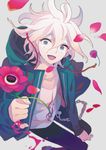  anemone_(flower) bad_id bad_pixiv_id blood danganronpa flower grey_eyes hood hoodie jacket komaeda_nagito long_hair male_focus solo super_danganronpa_2 tears white_hair yokariko 