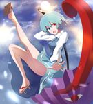  bad_id bad_pixiv_id bare_legs blue_eyes blue_hair cloud full_body full_moon geta heterochromia highres hizagawa_rau karakasa_obake long_sleeves moon night night_sky open_mouth outstretched_arm purple_umbrella red_eyes sandals short_hair skirt sky smile solo star star_(sky) starry_sky tatara_kogasa tongue touhou umbrella 