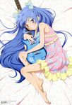  absurdres barefoot blue_hair bow dress floral_print frilled_dress frills guitar hair_bow heart heart_print highres instrument legs long_hair looking_at_viewer magical_suite_prism_nana megami nagasaku_tomokatsu non-web_source object_hug official_art oribe_kotone polka_dot polka_dot_dress purple_eyes smile solo very_long_hair 