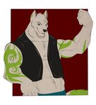  anthro biceps black_nose canine clothing dazen_cobalt flexing fur jacket male mammal muscles open_shirt pecs pose shirt solo wolf 
