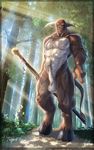  abs balls biceps big_muscles bovine brown_fur cattle corvuspointer crepuscular_rays flaccid frown fur hooves horn leather looking_at_viewer male mammal muscles nature necklace nipples nude outside pecs penis polearm solo staff tree tribal white_fur 
