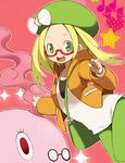  bag bel_(pokemon) beret blonde_hair blush gen_5_pokemon glasses green_eyes hat jacket kuro_(kuroneko_no_kanzume) munna open_mouth pants pokemon pokemon_(creature) pokemon_(game) pokemon_bw2 short_hair smile star 