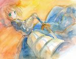  armor armored_dress artoria_pendragon_(all) bad_id bad_pixiv_id dress excalibur fate/stay_night fate_(series) fina_(sa47rin5) gauntlets green_eyes hair_ribbon hands_on_hilt long_hair ponytail ribbon saber solo sword traditional_media weapon 