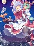  anger_vein bird black_legwear bloomers blue_hair boots bow breasts carrying cigarette cirno closed_eyes fang fujiwara_no_mokou full_moon green_hair hair_bow hat highres horns ice ice_wings kamishirasawa_keine kokka_han large_breasts lavender_hair letty_whiterock long_hair moon multiple_girls open_mouth pantyhose phoenix piggyback red_eyes santa_hat scarf short_hair sleigh spoken_anger_vein tail touhou underwear white_legwear wings 