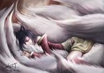  ahri animal_ears eyes_closed female league_of_legends lying multiple_tails 