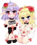 2girls amputee anal_beads anus bdsm blonde_hair blue_eyes blush breasts censored collar condom condom_in_mouth elf female hair_ornament mouth_hold multiple_girls navel navel_piercing nipple_piercing nipples original piercing pink_eyes pointy_ears purple_hair pussy quadruple_amputee slave tofoooooo tongue_piercing 
