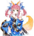  animal_ears bad_id bad_pixiv_id bare_shoulders blue_legwear bow breasts cleavage detached_sleeves fate/extra fate_(series) fina_(sa47rin5) fox_ears fox_tail hair_bow hair_ribbon japanese_clothes medium_breasts obi pink_hair ribbon sash smile solo tail tamamo_(fate)_(all) tamamo_no_mae_(fate) thighhighs traditional_media twintails yellow_eyes 