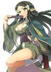  bad_id bad_pixiv_id braid breasts choker cleavage clog_sandals closed_fan ear_covers elf fan folding_fan green_eyes hair_tubes highres japanese_clothes large_breasts long_hair looking_at_viewer nishimuku_meri pointy_ears sakuya_(sao) simple_background smile solo sword_art_online tabi white_background white_legwear 