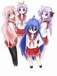  blue_eyes blue_hair glasses green_eyes hiiragi_kagami hiiragi_tsukasa izumi_konata konosuke_dagame long_hair lucky_star mole mole_under_eye multiple_girls pantyhose pink_hair pink_neckwear purple_eyes purple_hair ryouou_school_uniform school_uniform serafuku short_hair siblings sisters takara_miyuki twins twintails 