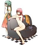  apron barefoot breasts checkered checkered_floor couch covering_face embarrassed green_hair hatsune_miku long_hair medium_breasts megurine_luka multiple_girls navel nipples nude pink_hair sekihara_umina sitting skirt socks twintails very_long_hair vocaloid wavy_mouth white_background 