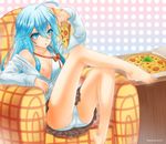  ahoge armchair barefoot blue_eyes blue_hair breast_slip cameltoe chair denpa_onna_to_seishun_otoko feet flat_chest food highres holding_pizza long_hair looking_at_viewer nail_polish nipples off_shoulder one_breast_out panties pantyshot pantyshot_(sitting) pizza pizza_box racoon-kun school_uniform sitting skirt solo toenail_polish touwa_erio underwear white_panties 