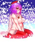  bikini breasts christmas gobou_(gbu) hat large_breasts letty_whiterock pink_hair purple_eyes purple_hair red_legwear santa_hat scarf short_hair side-tie_bikini solo striped striped_scarf swimsuit thighhighs touhou white_bikini 