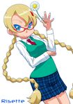  1girl blonde_hair blue_eyes braid breasts character_name flower glasses hair_ornament hairclip holding kamocham long_hair necktie pop&#039;n_music pop'n_music red-framed_glasses risette simple_background skirt smile smirk solo sweater_vest twin_braids very_long_hair white_background 