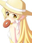  bare_shoulders blonde_hair doughnut food hat long_hair monogatari_(series) nisemonogatari oshino_shinobu pointy_ears solo sun_hat yellow_eyes zetsumu 