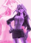  belt bracelet breasts bustier cleavage faux_traditional_media hand_on_hip jacket jewelry kujaku_mai lb2_take long_hair looking_at_viewer looking_down medium_breasts miniskirt monochrome pink pink_background purple skirt sleeves_rolled_up solo yuu-gi-ou yuu-gi-ou_duel_monsters zoom_layer 