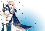  ahoge armor armored_dress artoria_pendragon_(all) blonde_hair dress excalibur fate/stay_night fate_(series) gauntlets glowing glowing_sword glowing_weapon green_eyes hair_ribbon petals ribbon saber solo sword weapon yuunagi_(seventh_heaven) 