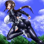  1girl ass black_hair blue_eyes bodysuit breasts fingerless_gloves gao_(artist) gao_(naodayo) gloves highres huge_ass huge_breasts kyoukai_senjou_no_horizon kyoukaisenjou_no_horizon large_breasts long_hair looking_at_viewer oriotorai_makiko ponytail shirt shoes sideboob skin_tight sneakers solo taut_clothes taut_shirt 