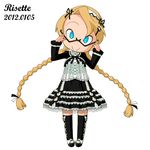  1girl black-framed_glasses blonde_hair blue_eyes braid character_name chibi dated dress frills glasses gothic_lolita hair_ornament hair_ribbon hairband hairclip headdress kamocham lolita_fashion lolita_hairband long_hair pop&#039;n_music pop'n_music ribbon risette semi-rimless_glasses simple_background smile solo twin_braids very_long_hair white_background 