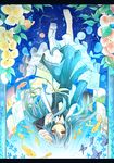  barefoot blue_hair brown_eyes bug butterfly dress fish flower insect letterboxed long_hair original shoes single_shoe solo upside-down yuuhagi_(amaretto-no-natsu) 