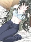  1girl ashihara_kyoko bed blush bra crescendo d.o. game_cg green_hair long_hair midriff navel pants sitting socks solo underwear undressing yellow_eyes 