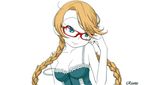  1girl blonde_hair blue_eyes braid breasts character_name cleavage english glasses kamocham large_breasts off_shoulder pop&#039;n_music pop'n_music red-framed_glasses risette simple_background smile tank_top twin_braids white_background 