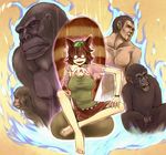  animal_ears ape aura bare_legs brown_eyes brown_hair capelet caveman commentary_request dra futatsuiwa_mamizou glasses gorilla leaf leaf_on_head monkey open_mouth pince-nez raccoon_ears raccoon_tail short_hair sitting skirt smile solo tail tanuki testicles touhou 