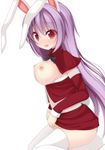  animal_ears bow bowtie breasts breasts_outside bunny_ears bunny_tail chimunge highres large_breasts long_hair miniskirt nipples panties purple_hair red_eyes reisen_udongein_inaba santa_costume skirt solo tail thighhighs touhou underwear white_legwear 