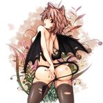  1girl animal_ears ass bad_id bad_pixiv_id bat_wings brown_hair cat_ears demon_girl demon_tail highres lipstick_mark looking_at_viewer looking_back open_mouth original panties short_hair solo succubus tail thighhighs topless underwear wings 