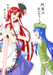  blue_eyes blue_hair braid cosplay costume_switch expressive_clothes food fruit hat height_difference highres hinanawi_tenshi hinanawi_tenshi_(cosplay) hong_meiling hong_meiling_(cosplay) long_hair multiple_girls niwatazumi peach sword sword_of_hisou touhou translated twin_braids very_long_hair weapon 