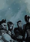  3boys axton_(borderlands) bad_deviantart_id bad_id beard borderlands borderlands_2 casey facial_hair gloves grin helmet long_hair maya_(borderlands) monochrome multiple_boys salvador_(borderlands) siren_(borderlands) smile snowing zer0 