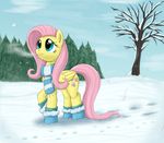  blue_eyes boots cloud clouds cutie_mark equine female feral fluttershy_(mlp) friendship_is_magic fur hair horse mammal my_little_pony otakuap pegasus pink_hair pony scarf sky snow solo tree wings yellow_fur 