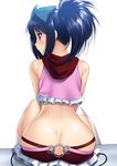  ass asymmetrical_legwear bare_shoulders black_hair blue_eyes blush butt_crack from_behind highres hip_vent kunihiro_hajime midriff neck no_panties ponytail revealing_clothes saki short_hair single_thighhigh sitting skirt solo suzume_inui thighhighs 