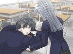  1boy 1girl blue_hair character_request crescendo d.o. desk game_cg long_hair sasaki_ryo school_uniform sleeping uniform 