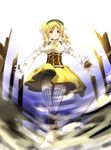  blonde_hair boots breasts corset detached_sleeves drill_hair fingerless_gloves gloves gun knee_boots large_breasts long_hair magical_girl magical_musket mahou_shoujo_madoka_magica randoruto-kan smile solo striped thighhighs tomoe_mami twin_drills twintails vertical_stripes weapon yellow_eyes 