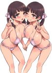 :o ;) asymmetrical_docking bikini blush bow breast_press breasts brown_eyes brown_hair frilled_bikini frills hair_bow holding_hands honoji huge_breasts md5_mismatch multiple_girls one_eye_closed open_mouth original shiny shiny_skin siblings sisters smile swimsuit twins twintails v 