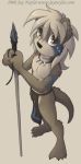  2008 anthro black_nose bodypaint brown_eyes brown_fur clothing conditional_dnp cub fur hair haukaiu jay_naylor jewelry loincloth male mammal melee_weapon mustelid necklace otter polearm solo spear standing url weapon young 