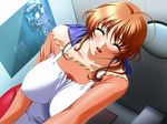  1girl apron bare_shoulders blush breasts eyes_closed game_cg hair_ornament happy housewife indoors large_breasts long_hair milf open_mouth orange_hair sano_toshihide smile solo 