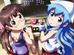  :o arcade arcade_cabinet ass backless_outfit blue_eyes blue_hair blush brown_eyes brown_hair from_above glasses hat ikamusume long_hair looking_at_viewer looking_back looking_up low_twintails multiple_girls non-web_source one-piece_swimsuit open_mouth playing_games sakura_kiyomi sameha_ikuya sandals school_swimsuit shinryaku!_ikamusume skin_tight swimsuit tentacles twintails video_game white_school_swimsuit white_swimsuit 