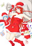  &gt;_&lt; blonde_hair blue_eyes blue_hair braid cirno closed_eyes flandre_scarlet gloves hat highres hong_meiling ice ice_wings long_hair multiple_girls niwatazumi red_eyes red_gloves red_hair sack santa_costume santa_hat short_hair sketch touhou twin_braids wings 