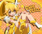  bad_id bad_pixiv_id bike_shorts blonde_hair boots bow bowtie brooch cameltoe character_name choker cure_peace full_body hair_flaps jewelry kise_yayoi long_hair magical_girl orange_background polka_dot polka_dot_background precure shorts shorts_under_skirt skirt smile smile_precure! solo v yellow yellow_bow yellow_eyes yellow_shorts yellow_skirt yuuga_(cherrybomb-g) 