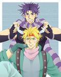  anger_vein bad_id bad_pixiv_id blonde_hair blue_eyes blush caesar_anthonio_zeppeli feathers fingerless_gloves gloves green_eyes green_jacket grin hair_feathers headband jacket jojo_no_kimyou_na_bouken joseph_joestar_(young) meltmelo multiple_boys purple_eyes purple_hair scarf smile 