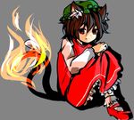  animal_ears brown_eyes brown_hair cat_ears cat_tail chen dress fang fire flame hat mary_janes multiple_tails randoruto-kan shoes short_hair sitting socks solo tail tail-tip_fire touhou 