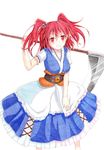  belt breasts coin colored_pencil_(medium) dress grin hair_bobbles hair_ornament kittona medium_breasts millipen_(medium) onozuka_komachi red_eyes red_hair scythe short_hair simple_background smile solo touhou traditional_media two_side_up watercolor_pencil_(medium) white_background 