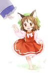  animal_ears barefoot brown_eyes brown_hair cat_ears chen clenched_hand hat highres jewelry kiriu open_mouth short_hair single_earring solo touhou yakumo_ran 