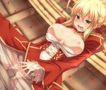  ahoge blonde_hair blush breasts censored dress dutch_angle epaulettes fate/extra fate_(series) girl_on_top green_eyes hair_ribbon hetero large_breasts mosaic_censoring nero_claudius_(fate) nero_claudius_(fate)_(all) nipples no_panties open_clothes open_mouth penis petals pokiyu pussy ribbon see-through sex shiny shiny_skin solo_focus spread_legs tears torogao uneven_eyes vaginal 